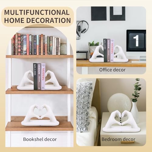 White Decorative Bookends for Shelves, Heart Hands Book Ends Sculpture Aesthetic Decor for Bedroom Living Room Merch Apartment Bookshelf Birthday Women Decorations Stuff Aesthetic - color: White