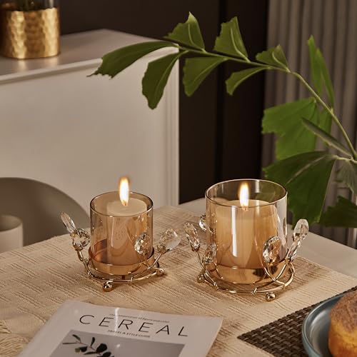 Gold Hurricane Candle Holder with Crystal Accents & Windproof Glass Lid - Elegant Gold Pillar Candle Holder for Wedding, Dinner & Party Table Decor - size: Medium