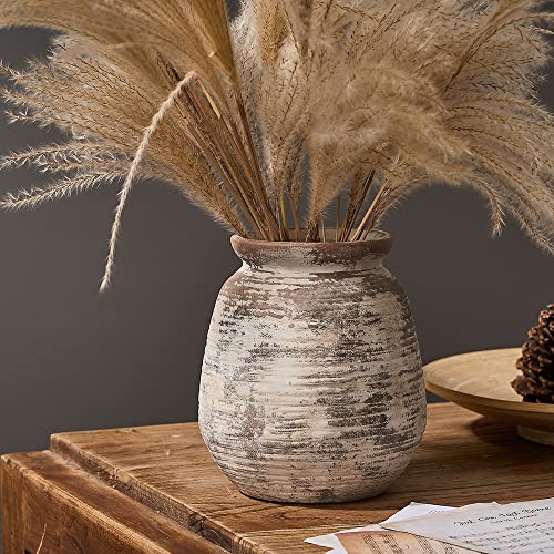 SIDUCAL Ceramic Rustic Vase, Whitewashed Terra Cotta Vase, Distressed Farmhouse Décor, Pottery Decorative Flower for Home Decor, Table, Living Room Decor, Shelf, Mantel, 7.3 Inch, Terra - color: Terra-s