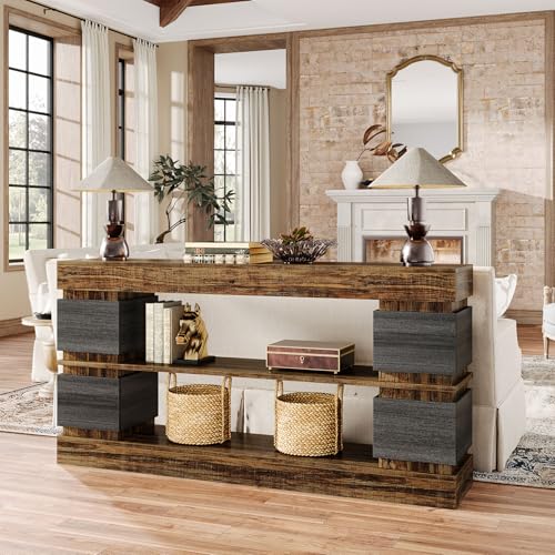Tribesigns 63" Farmhouse Console Table, 3-Tier Entryway Table with Storage, Long Wooden Behind Couch Stand with 4 Compartments for Living Room, Hallway, Foyer, Vintage Brown & Gray