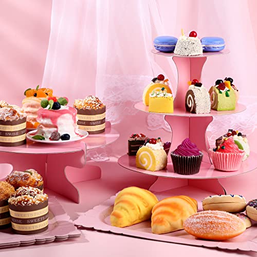 Zopeal 7 Pcs Dessert Table Display Set 3-Tier Cupcake Stand 1-Tier Cup Cake Display Tower Platters and Serving Trays Cardboard Cake Cookie Holders for Wedding Birthday Party Baby Shower(Pink) - color: Pink