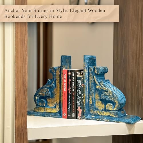 Vintage One Pair of Distressed-Finish Wooden bookends with a Carved Pattern, Perfect for Shelves, Heavy bookends for Books, and Modern Accent for Living Room,Office (Rustic Blue) - color: Rustic Blue