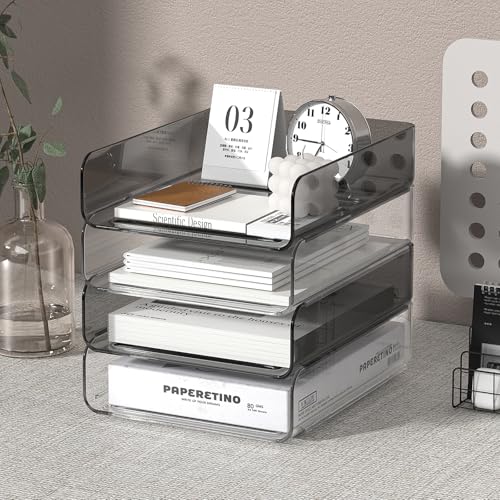 FANXIYQ 4-Tier Acrylic Paper Tray Organizer | Clear Stackable Desk Organizer for Documents, Letters, A4 Paper | Modern Office/Classroom/Home Organization,Clear&Brown - color: Clear & Brown
