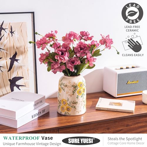 for Mom from Daughter or Son, Sunflower Green & Beige Ceramic Vintage Vase 7.8”, Yellow Cottage Core Floral Centerpiece Vase, Cute Rustic Decor for Living Room, Bedroom, Kitchen - color: Yellow Sunflower - 002