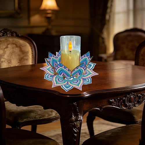 DIY Diamond Art Painting Candlestick Holders 5.71in Mandala Flower Shape Desk Candle Tray Tabletop Ornaments for Wedding Ramadan Party Home Table Centerpiece-Mandala05 - color: Mandala05