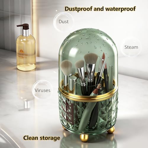 GOTOBA 360° Rotating Dust-Proof Multi-Purpose Storage Organizer - Perfect for Silverware, Utensils (Forks, Knives) & Makeup Brushes, Countertop Holder for Kitchen & Vanity - color: Green with cover