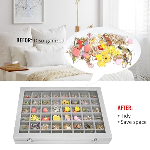 Vicoter Velvet Jewelry Tray 48 Compartments Jewelry Display Organizer with Transparent Cover Rings, Earrings, Necklaces, Pendants Storage Box for Girls, Wives, Mothers, Women - color: Grey, size: 48 Grid