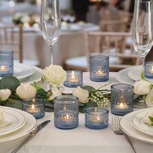 NITIME Blue Glass Votive Candle Holders Set of 24, Assorted Heights Polka Dot Tealight Candle Holders for Table Centerpiece, Blue Candle Holder Decor for Wedding, Baby Shower Party & Spa - color: Blue