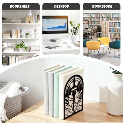 Peacoblue Metal Bookends for Shelves, Modern Decorative Heavy Duty Study Book Ends Stoppers for Office Desk Shelf Room 5.3"x4.3"x7.9" Cast Iron Simple Tall Bookends 1 Pair (Symmetrical Dragon Cross) - style: Symmetrical Dragon Cross