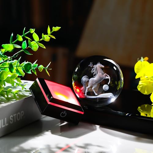 Qianwei Horse Gifts for Women 3D Crystal Ball 3.14'' - Laser Horse Decor Glass Animals Gifts Figurines Statue Stuff for Room Decorations Night Light - style: Horse