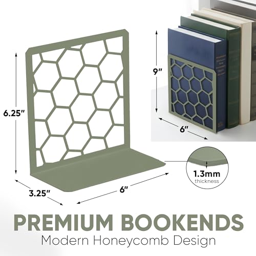 GEOMOD Geometric Honeycomb Sage Metal Bookends Decorative - Tall Sturdy Book Ends for Shelves - Modern Heavy Duty Bookend Stopper - Office or Home Book Shelf Holder - 6x3.25x6.25 Inches-1 Pair - color: Sage, size: 1 Pair, style: Honeycomb