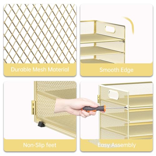 7 Tier Paper Organizer - Mesh Desktop File Holder with Handles for Office School Desk (Gold) - color: Gold