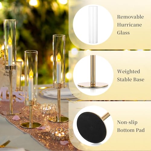 Hewory Gold Candle Holders, 3Pcs Hurricane Candlestick Holders with Glass Candle Cover for Wedding Table Centerpiece Christmas Decor - color: Gold, size: 3pcs