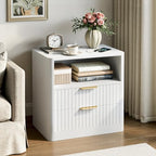 IRONCK Fluted Night Stand Set of 2, Modern Nightstand with Charging Station, Drawers and Open Shelves - Bedside Table Wood Side Table Set for Bedroom, White - color: White