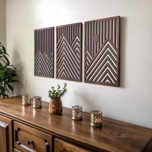 qmmp Modern Wooden Wall Sculptures - Set of 3 - Home Decor Accent - Large Wall Art for Living Room, Bedroom, Office - Easy Installation (Walnut, Medium - Mountain and Sun) - color: Walnut, size: Medium - Mountain and Sun