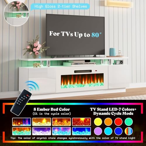 AMERLIFE Fireplace TV Stand with 36" Fireplace, 70" Modern Fireplace Entertainment Center LED Lights, 2 Tier TV Console Cabinet for TVs Up to 80", White & White - color: White & White, size: 70"