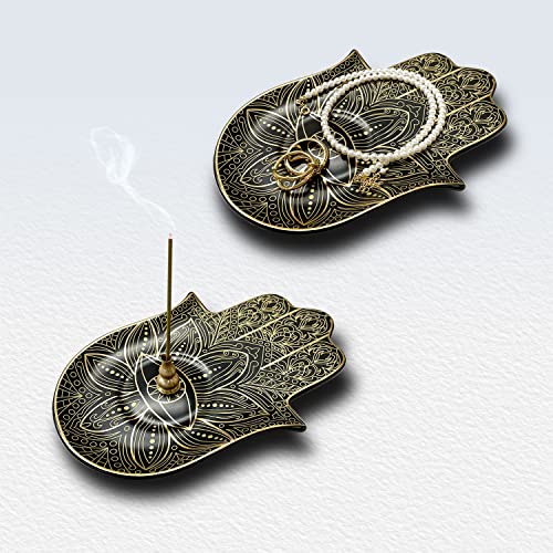 Ceramic Hamsa Hand Incense Holder - 2 in 1 Brass Incense Holder for Sticks and Coil Incense- Zen Decor with Hand of Fatima Design Protection from Evil - 6.2" L X 4.5" W (Black) - color: Black