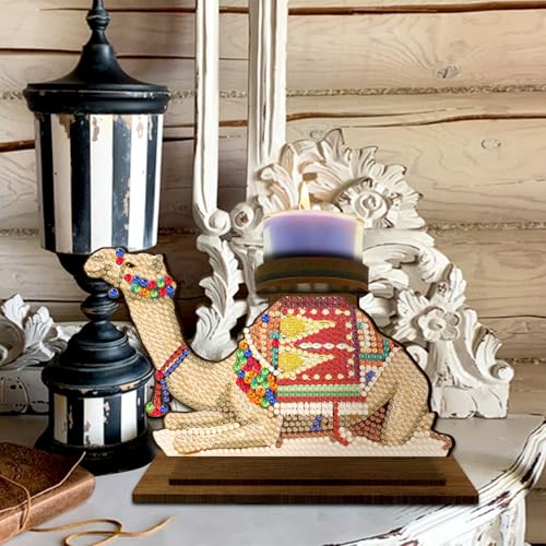 BAYUNOE DIY Candlestick Holders Wooden Desktop Diamond Art Painting Candle Holder Double-Sided Diamond Vintage Modern Decorative for Table Mantel Wedding Dinning Party-Camel - color: Camel