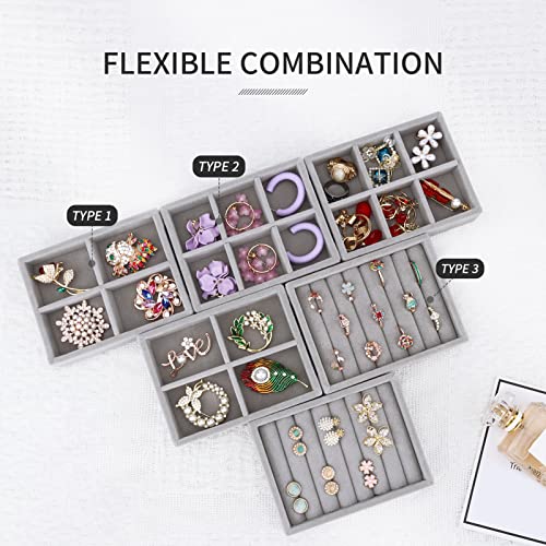 DesignSter Small Jewelry Tray, 2PCS Ring Organizer, Velvet Jewelry Display Tray, Stackable Jewelry Organizer Trays, Jewelry Drawer Organizer Inserts For Dresser, Jewelry Box (Gray) - color: Gray, size: 6 Grids