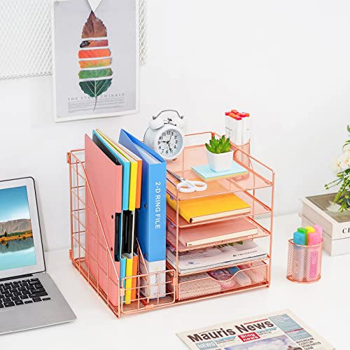 Marbrasse Rose Gold Desk Organizer with File Holder, 5-Tier Paper Letter Tray Organizer and Drawer, Mesh Desktop Storage with Magazine Holder for Office Supplies - color: Rose Gold