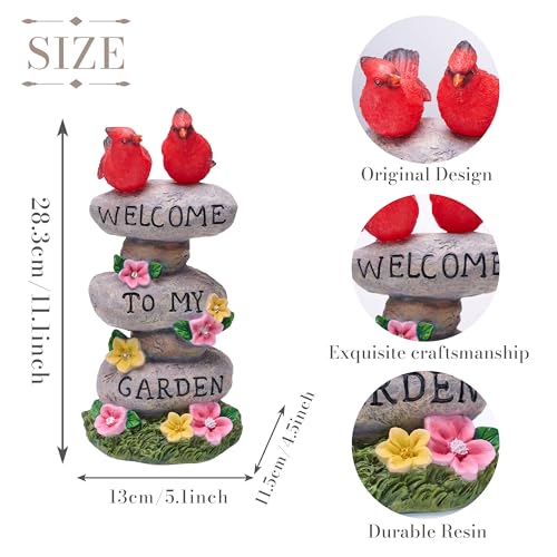 TERESA'S COLLECTIONS Garden Statues with Outdoor Solar Lights for Garden Decor, Cardinal Birds Welcome Yard Sign Rocks & Flower Resin Valentines Decorations, Gifts for Mom Yard Decor, 11"