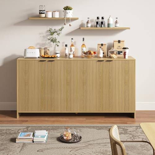 BVIUNTWO Fluted TV Stand for TVs up to 70", Modern TV Console with Storage Cabinet, Entertainment Center with Adjustable Shelves & 4 Doors for Living Room, Natural Oak