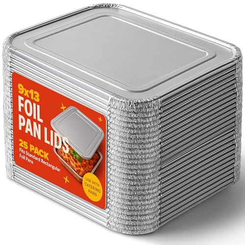9x13 Disposable Baking Pan Covers (25 Pack) Heavy-Duty Aluminum Cake Pans Lids, Sturdy, Sealable Covers for Food Containers, Leak-Free + Safe Transport & Storage For Catering, Stock Your Home - size: 25 Lids