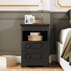 LIKIMIO Night Stand, Modern Bedside Table with 2 Drawers, Open Shelf, End Table with Pull-Out Tray, Wood SideTable, Black - color: Black