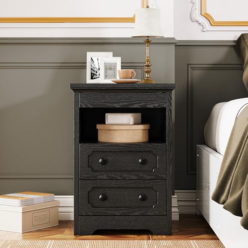 LIKIMIO Night Stand, Modern Bedside Table with 2 Drawers, Open Shelf, End Table with Pull-Out Tray, Wood SideTable, Black - color: Black