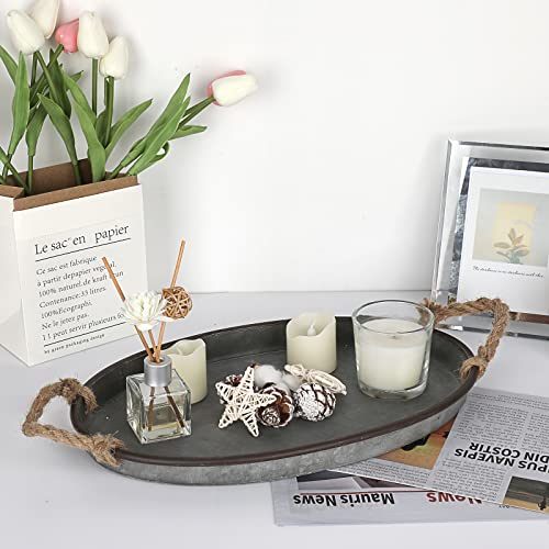Hipiwe Galvanized Metal Iron Oval Tray with Rope Handle Farmhouse Serving Tray Rustic Industrial Decorative Centerpiece for Coffee Table Weddings and Parties Decor, Large - size: 15.4" x 9.8" x 1.6"