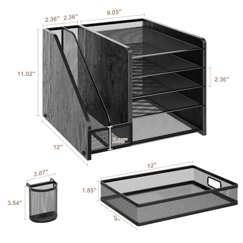 Marbrasse Desk Organizer with File Holder, 5-Tier Paper Letter Tray Organizer with Drawer and 2 Pen Holder, Mesh Desktop Organizer and Storage with Magazine Holder for Office Supplies (Wood-Black) - color: Wood-Black
