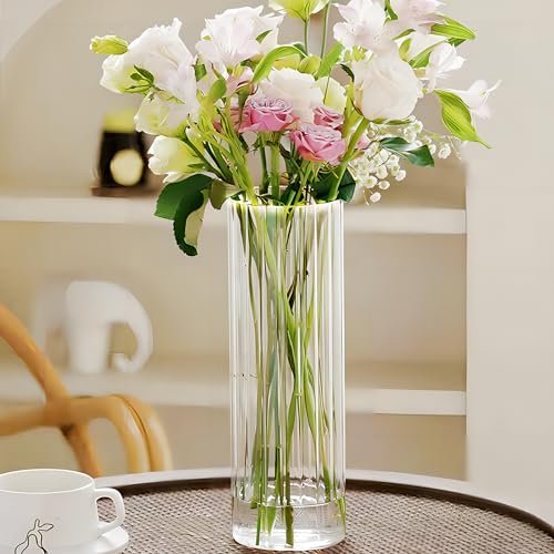 10 inch Clear Glass Flower Vases,Ribbed Vase for Centerpiece Table Home Indoor Desk Decor, Modern Boho Style Vase for Wedding House Gift - color: Large Clear