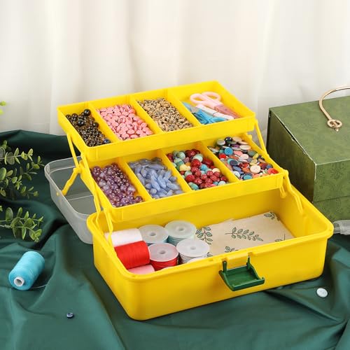 BTSKY 3-Layer Plastic Dividing Storage Box Craft Organizer with Adjustable Spacers Portable Handled Art Supply Organizer Multipurpose Home Utility Box for Sewing (Yellow+Green) - color: Yellow+Green