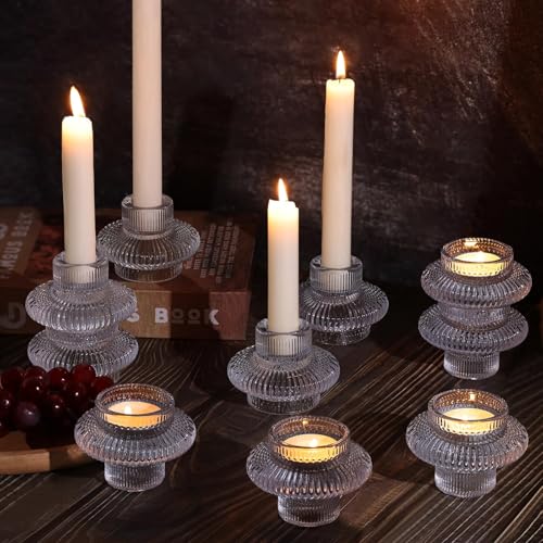 Glass Candlestick Holders 10 Pcs – Clear Ribbed Taper Candle Holders, Vintage Votive Candle Holders for Table Centerpiece, Wedding Christmas Dinner Party Decorations - color: Clear