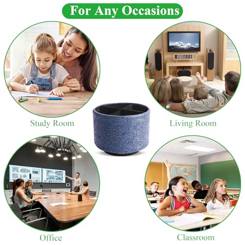 lizimandu Round Leather Art Supply Organizer,Remote Control Holder,360 Degree Spinning,Multi-Functional Pencil Holder,4 Compartments Desktop Stationary Organizer(1-Carved Dark Blue) - color: 1-Carved Dark Blue