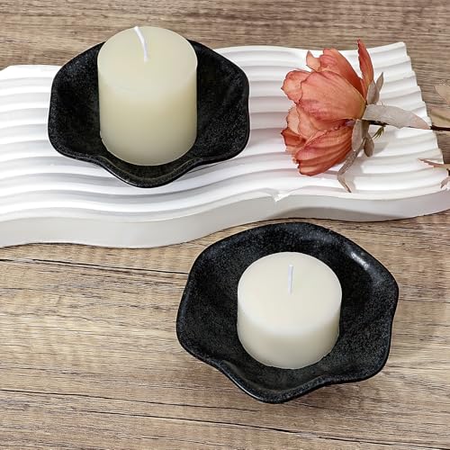Koythin 2-Piece Ceramic Candle Holder, Aesthetics Candlestick Holders for Tea Lights, Lotus Leaf Shape Candle Stand for Mantle Table, Adorable Vintage Decor for Weddings Dining (Black) - color: Black