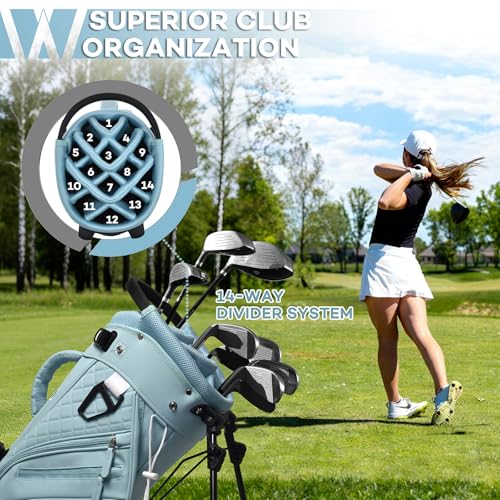 Luxury Womens Golf Bag, PU Leather Golf Stand Bag for Women/Ladies, 14-Way Full-Length Top Dividers, Ultra Lightweight, Large Pockets for Accessories - color: Powder Blue