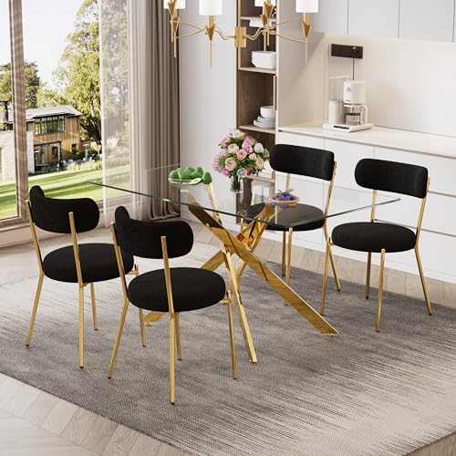 51'' Modern Glass Dining Table for 4, Rectangular Tempered Table Top Gold Base with 4 Luxury Black Gold Boucle Dining Chairs, 5 Piece Dining Room Table Set, Easy Assemble - color: Golden+black Gold Chairs, size: 51'' + 4 Chairs