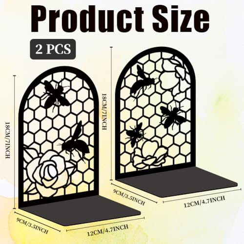 Black Metal Bookends for Shelves Decor Bees Heavy Duty Bookends for Book Supports Vintage Flower Book Stopper for Office Book Holder Shelf Accessories Unique 7x4.7x3.5 inch 1 Pairs/2 Pcs - style: Honeycomb