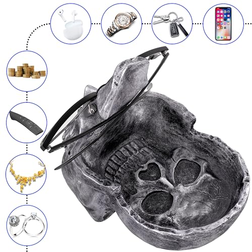 READAEER Skull Glasses Stand Holder, Creative Eyeglasses Holder, Sunglasses Spectacle Display Rack, Key Holder Resin Sculptures for Entryway, Home, Office, Desk, Nightstand (Silver) - color: Silver