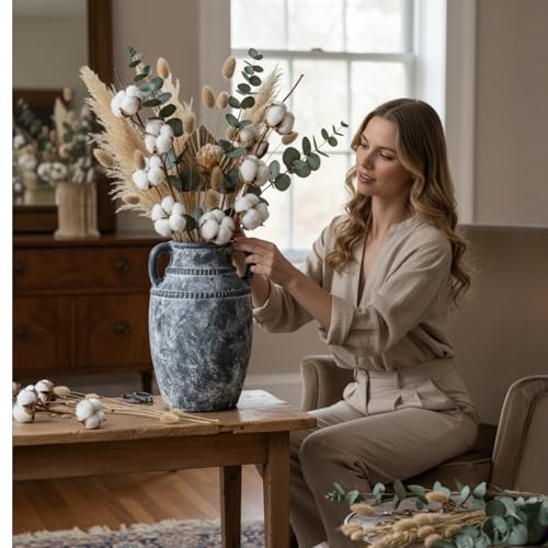Lvases Farmhouse Rustic Ceramic Vase with Handles, 11 inch Gray-White Textured Modern Terracotta Vintage Vases for Home Decor Centerpieces Table Pottery Barn Furniture Decorative (Tall - C) - color: Gray+white, size: 6 in X 11 in