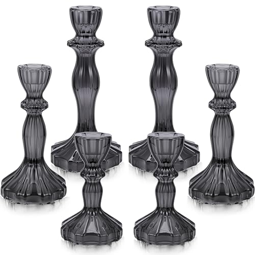 Mumufy 6 Pcs Taper Candle Holders Glass Candlestick Holder Fit 0.8 Inch Candles 4'' 6'' 8'' Tall Crystal Decorative Candlestick Stand Centerpiece for Wedding Proposal Decoration (Black) - color: Black