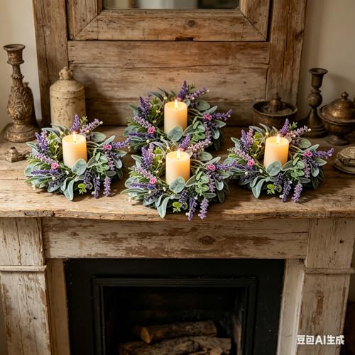 6 Pcs Mini Lavender Candle Rings Wreaths Purple Daisy Pillar Holder Wreath Artificial Wild Flower Spring Summer Floral Wreath for Farmhouse Porch Cabinets Table Decoration - color: Lavender