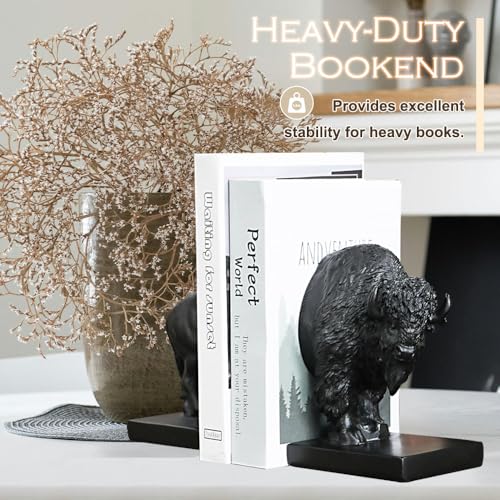 Decorative Bookends, Art Book Ends for Heavy Books, Heavy Bookends for Shelves, Vintage Non-Slip Base Book Holder, Resin Book Stopper for Home Office Decor (Black Buffalo) - color: Black Buffalo
