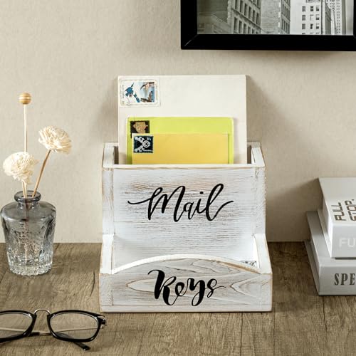 MyGift Shabby Whitewashed Solid Wood Mail Holder and Key Organizer Entryway Storage Tray with Cursive Mail and Keys Word Design, Office Desktop Organizing Bin - color: Whitewashed