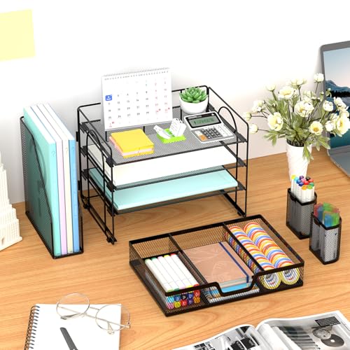 Marbrasse Desk Organizer and Accessories，4-Tier Paper Letter Tray Organizer with File Holder, Desk Accessories & Workspace Organizers with Drawer and 2 Pen Holder (Black, 15.4" x 9.1" x 8.3") - color: Black