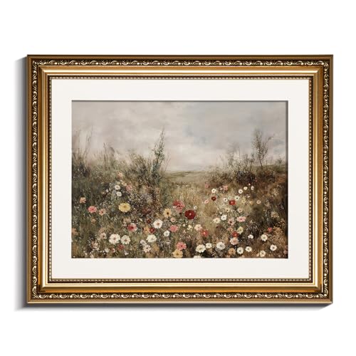InSimSea Gold Picture Framed Wall Art, Living Room Classical Wildflower Field Meadow Flowers Canvas Print Wall Decor, Vintage Landscape Home Farmhouse Decor, Antique Paintings with Frame 13x16inch - color: Blooming Meadow, size: 16"L x 13"W