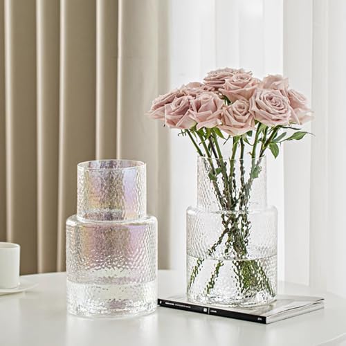 Ribbed Vase Glass Fluted Flower - Esmiome Clear Vases Modern Flower Vase Decorative with Big Capacity Pot Large Wide for Flowers Home Office Wedding, Office, Living Room, Table,Shelf, 6.3''(W)*10''(H)