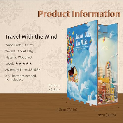 Tonecheer DIY Book Nook Kit for Adults,3D Wooden Puzzle Bookend Bookshelf Insert Library Decor, Booknook Miniature House Kit with Body Motion Sensor LED Light (Travel with The Wind)