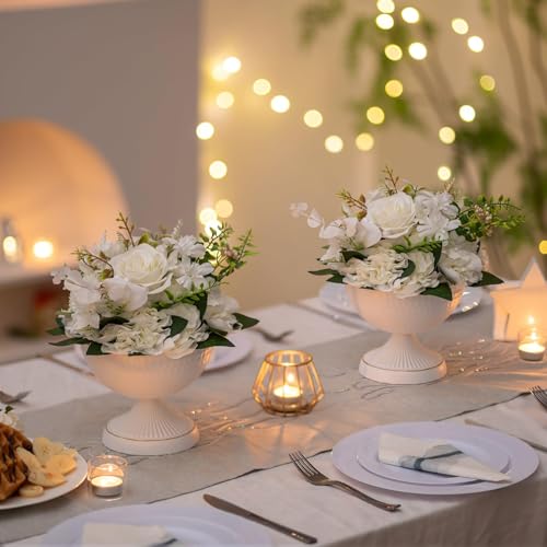 Sziqiqi Urn Vases for Wedding Centrepiece - 6in High White Metal Vase Set of 2 Small Vintage Flower Arrangement Pots for Table Centrepieces Elegant Hammered Vase for Christmas Anniversary Party - color: White, size: 5.9in - 2 Pc